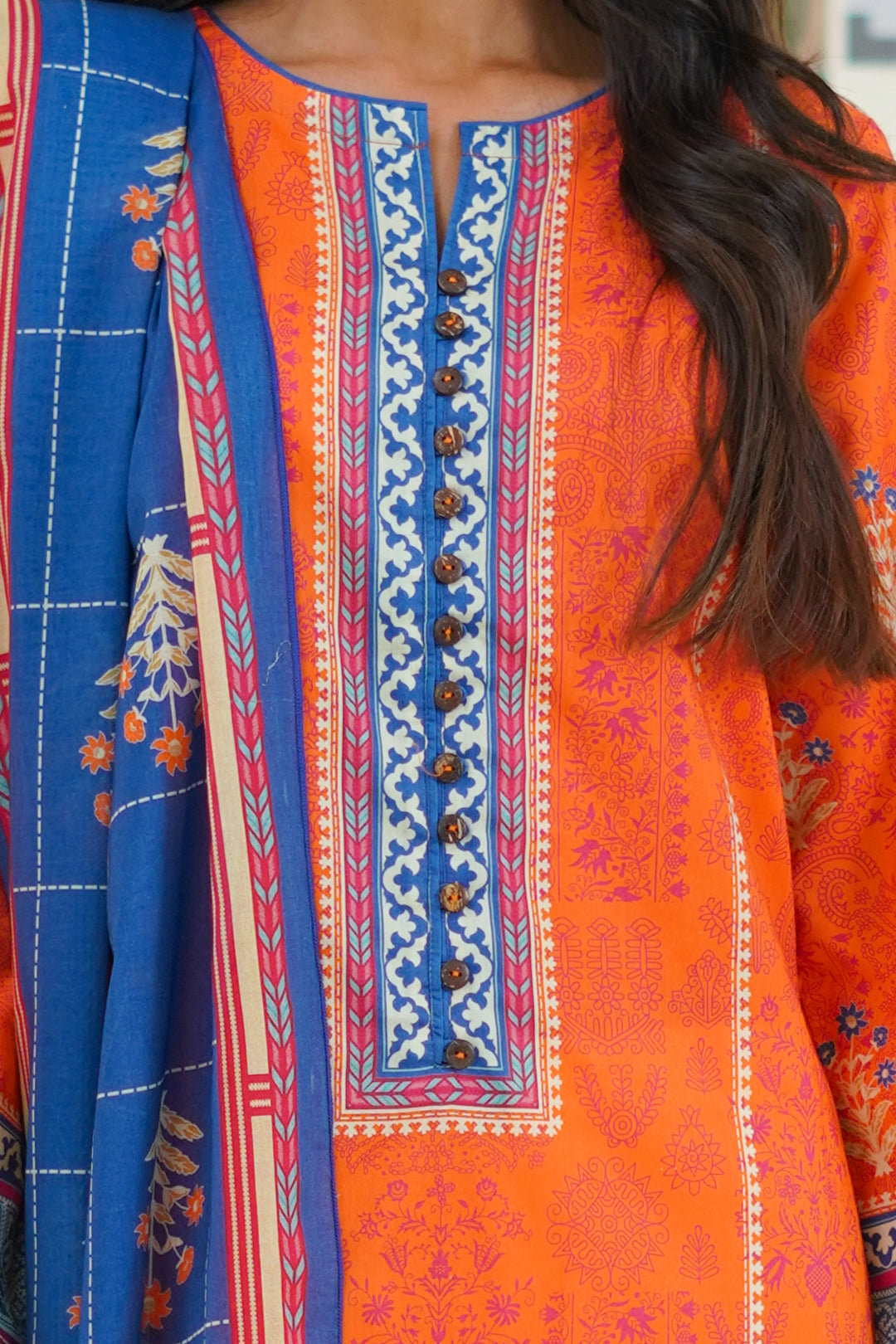 Orange & Blue Ethnic Kurta in - Pakistani Dresses by Malbusaat