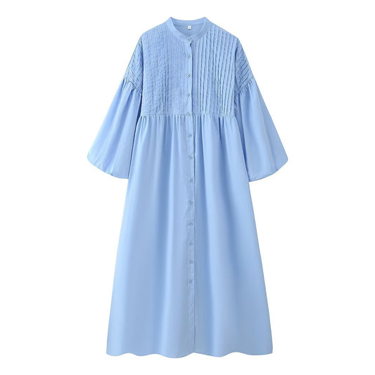 Malbusaat light blue button front dress with pintuck bodice and puff sleeve round neck maxi for modest everyday wear
