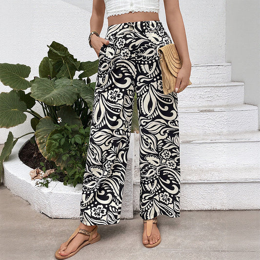 Malbusaat art print summer pants black and cream wide leg high waist with floral paisley print and sandals