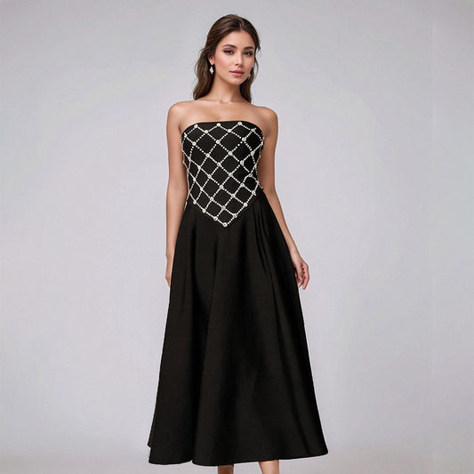 Malbusaat tube top rhinestone maxi dress black strapless gown with lattice rhinestone bodice and flowing A line skirt