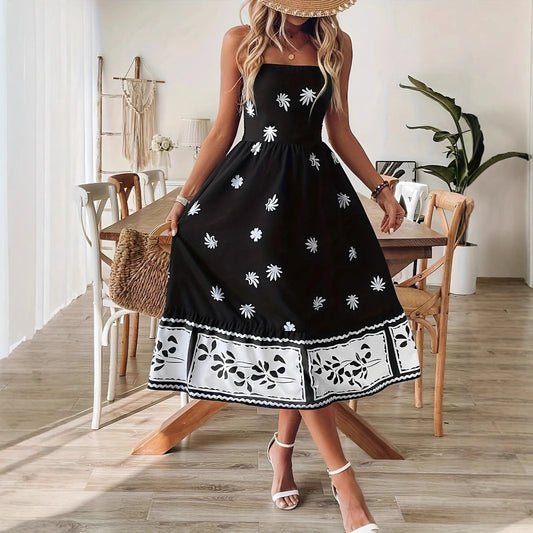 Malbusaat women's printed summer midi dress in black with white floral patterns and sleeveless design