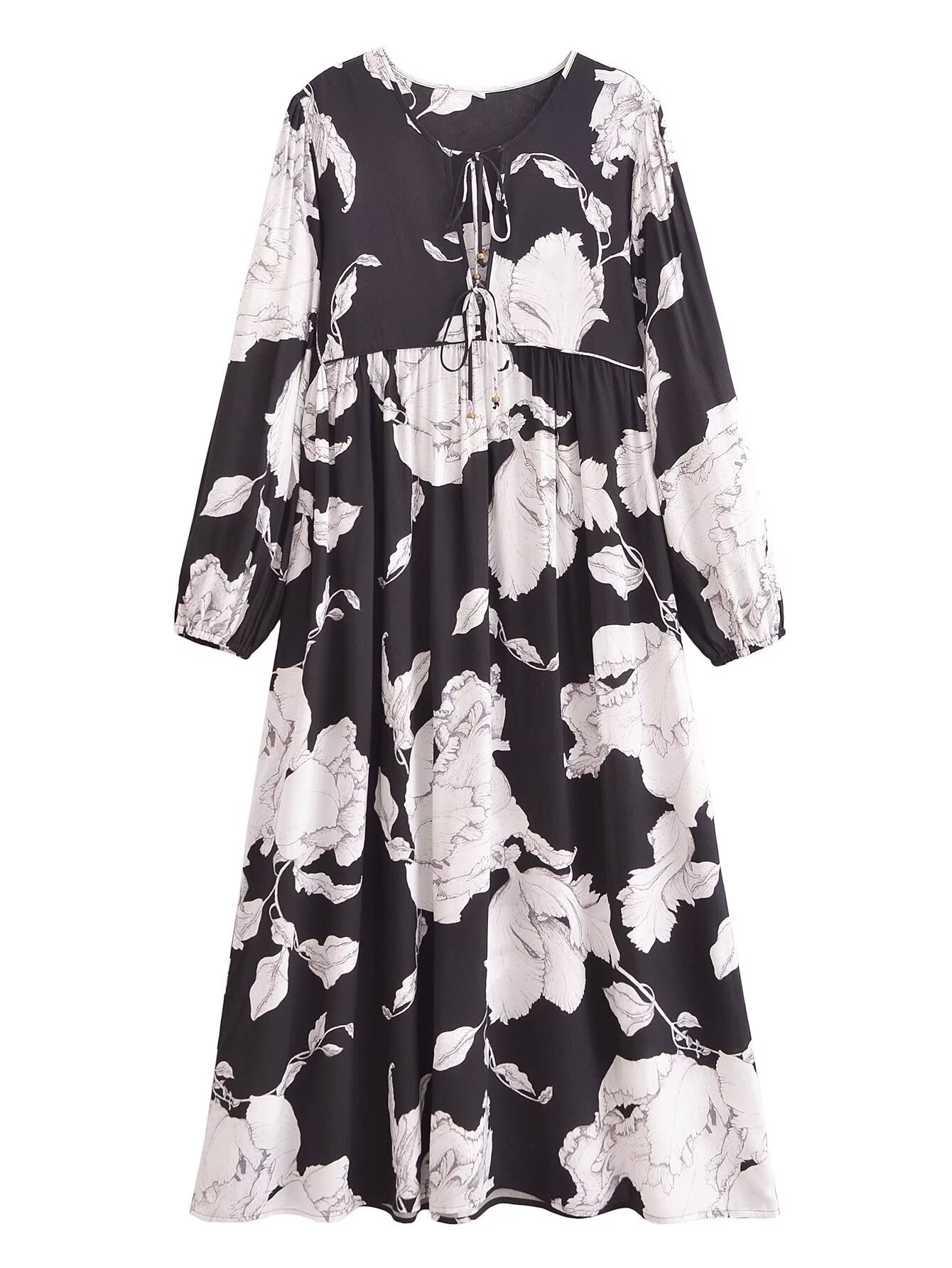 Malbusaat bohemian loose midi dress with long sleeves and black and white floral print