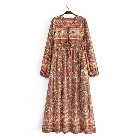 Malbusaat bohemian maxi dress for women with long sleeves and floral patterned fabric
