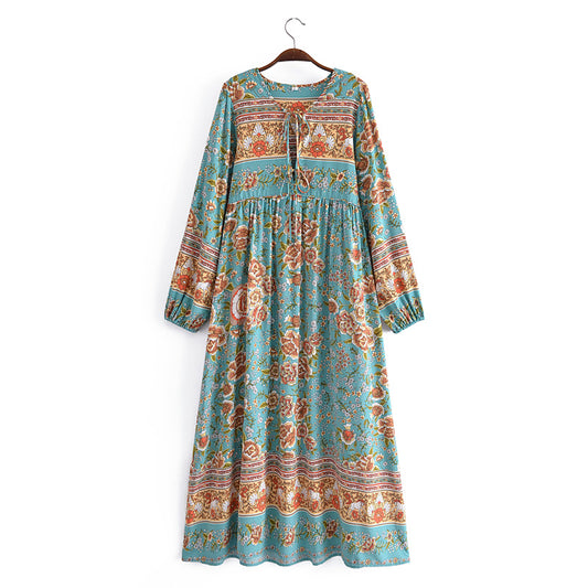 Malbusaat bohemian maxi dress for women with floral pattern and long sleeves in blue and brown tones