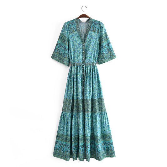 Malbusaat bohemian summer maxi dress in blue with intricate patterns and button front design