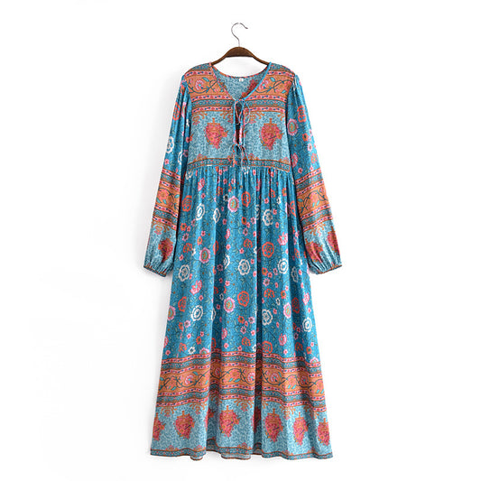 Blue and orange printed lace up crew neck maxi dress for women with long sleeves by Malbusaat