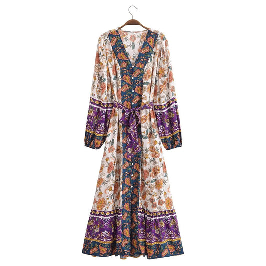 Malbusaat long sleeve floral summer dress UK with mixed patterns and purple accents