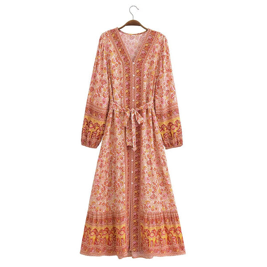 Malbusaat rayon floral maxi dress with long sleeves and pink orange flower pattern