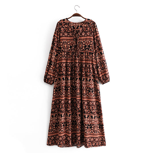 Malbusaat loose fit printed holiday dress with long sleeves and boho pattern on hanger
