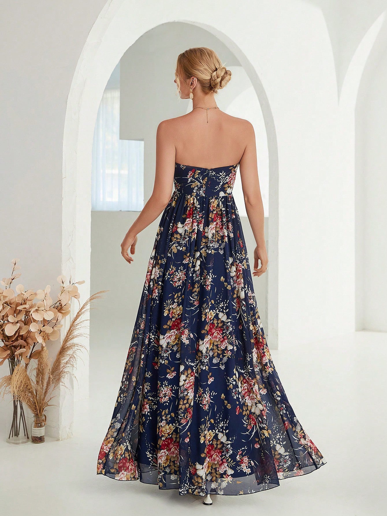 Elegant Malbusaat Chiffon Tube Top Party Dress with a Floral Design, Perfect for Special Events