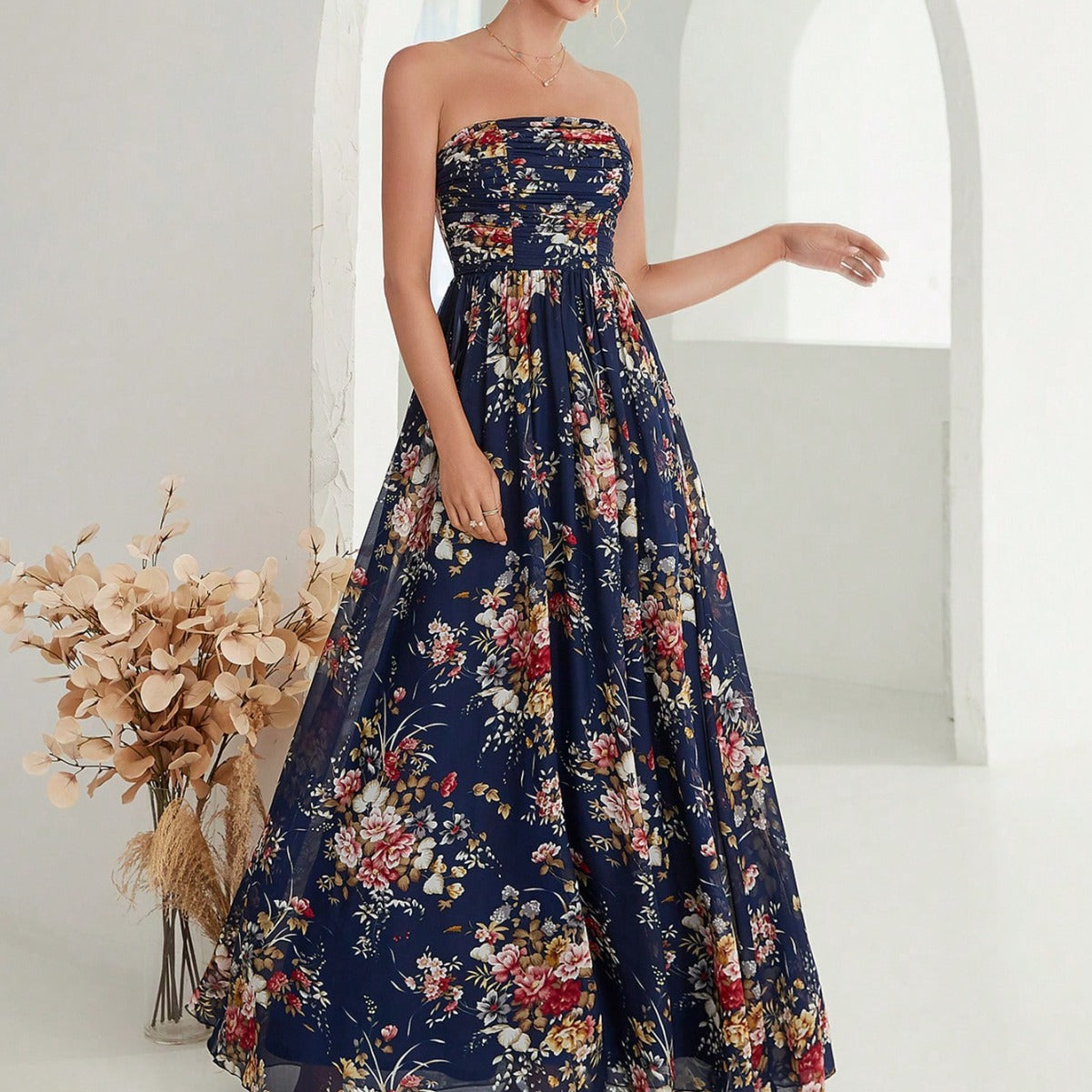 Malbusaat Chiffon Tube Top Party Dress in Navy Floral Design with Strapless Style
