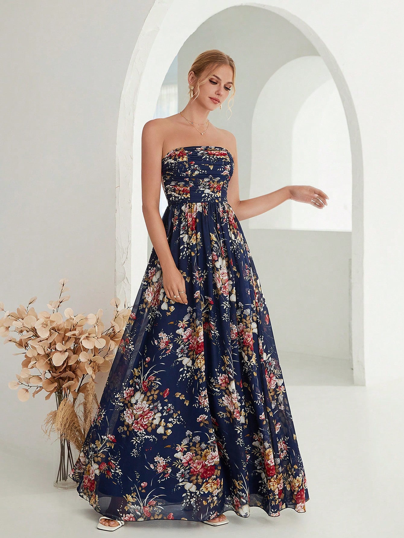Elegant Floral Chiffon Tube Top Party Dress by Malbusaat, perfect for summer events