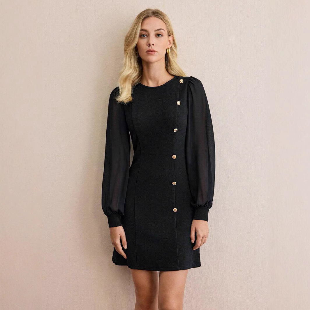 Malbusaat clinched stitch slim fit dress in black with stylish puff sleeves and button details