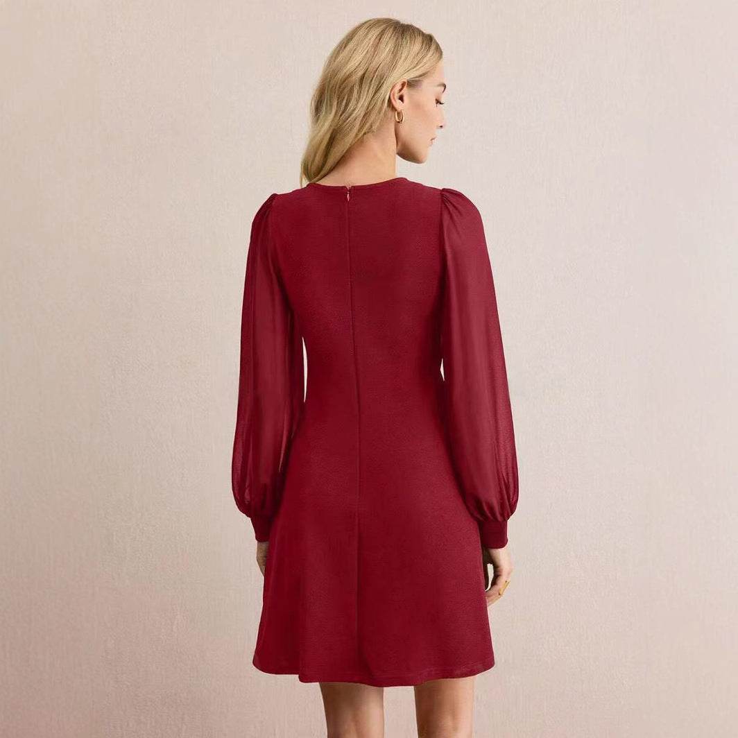 Back view of Malbusaat clinched stitch slim fit dress in burgundy with puff sleeves