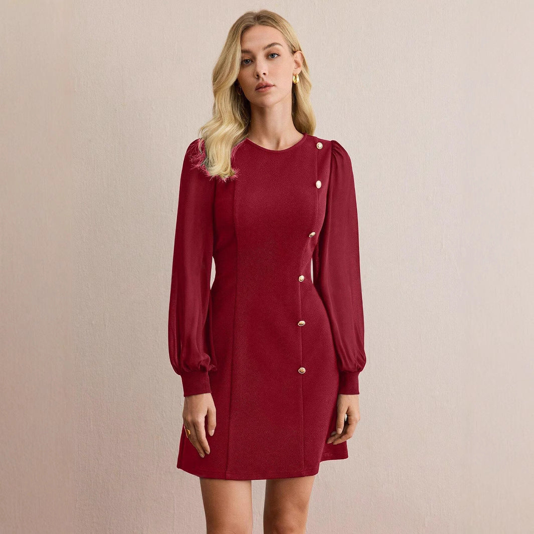 Malbusaat clinched stitch slim fit dress in burgundy with stylish button details and balloon sleeves