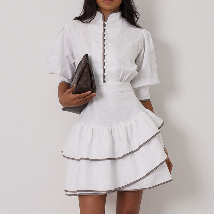 Malbusaat contrast puff sleeve shirt dress with tiered ruffle hem and button detail