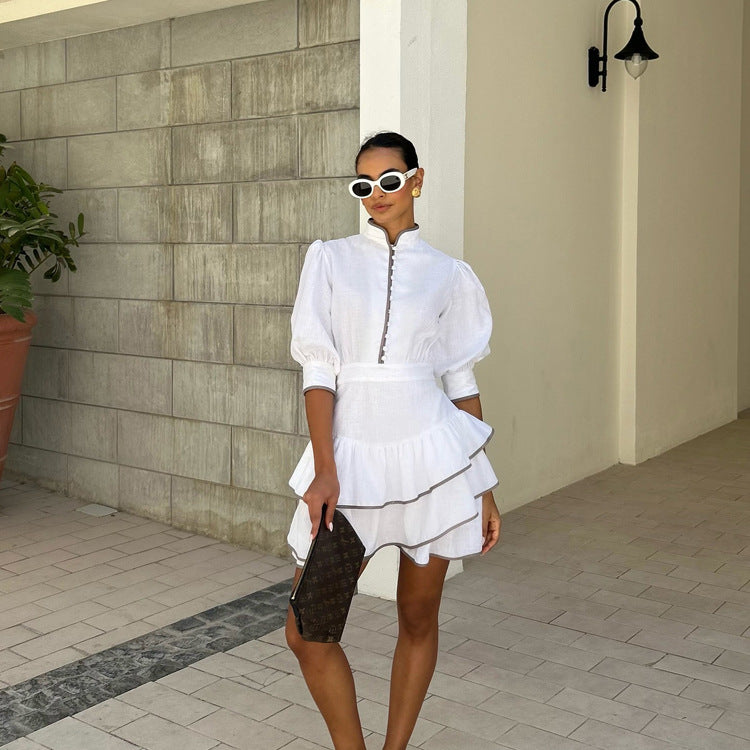 Malbusaat contrast puff sleeve shirt dress in white with tiered design and chic accessories