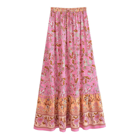 Malbusaat elastic waist floral skirt UK in pink with orange border and detailed flower patterns