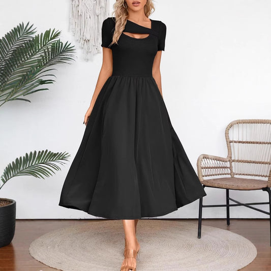 Elegant black midi dress for summer with short sleeves and fitted bodice by Malbusaat