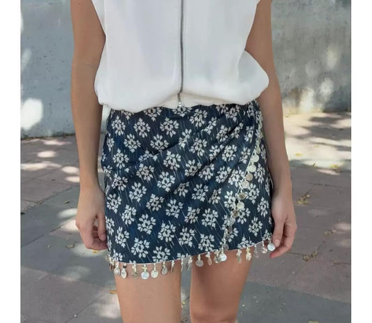 Fashionable beaded skirts for women in navy blue with white floral print and coin detailing