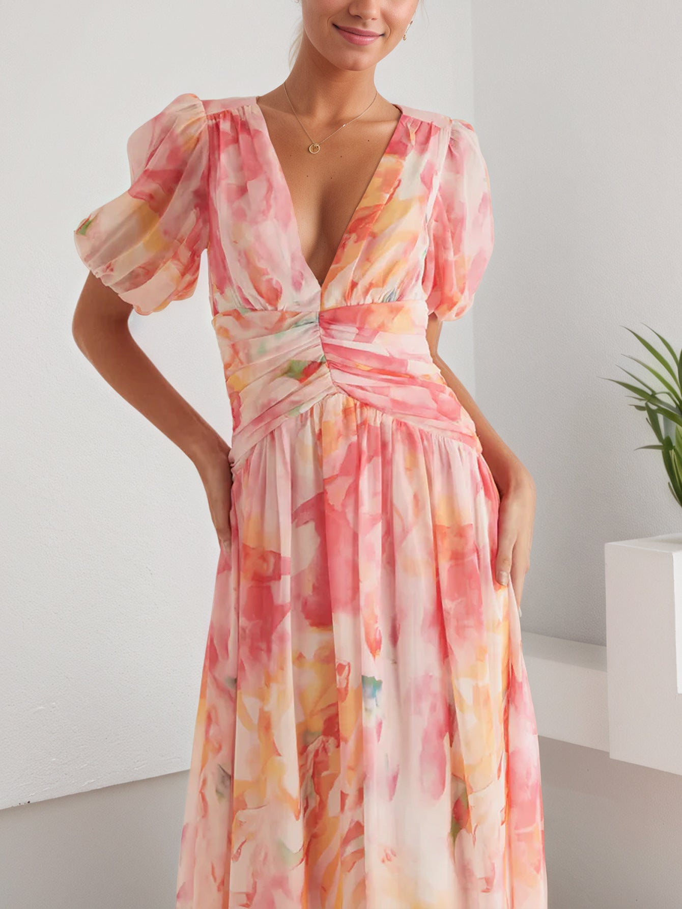 Venly floral chiffon maxi dress with puff sleeves and a flattering V-neck design