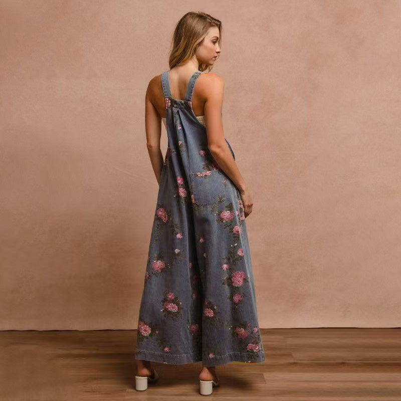 Flowy floral denim jumpsuit for women with a stylish back design and vibrant floral patterns