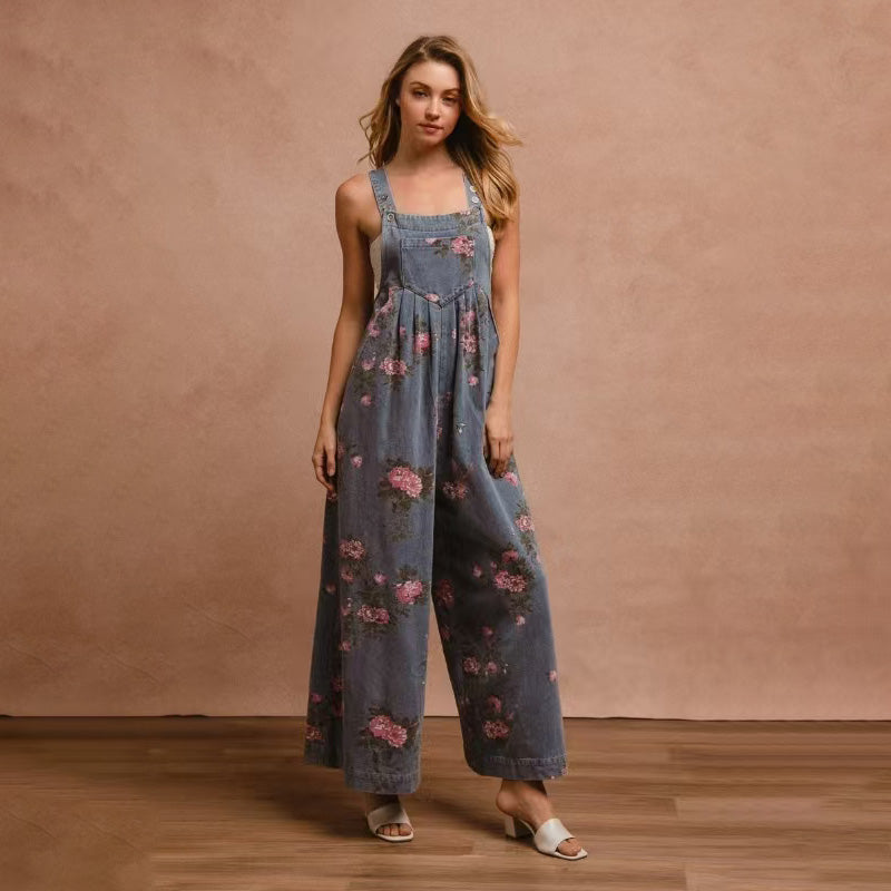 Floral denim jumpsuit for women featuring a relaxed fit and elegant floral patterns
