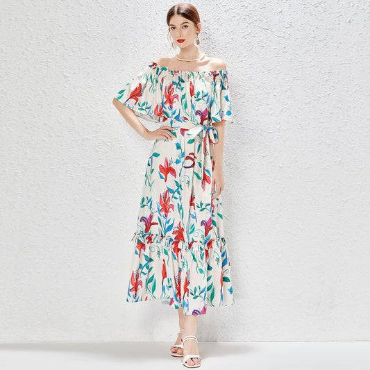 malbusaat off-shoulder floral maxi dress UK with colourful flower print and waist tie belt