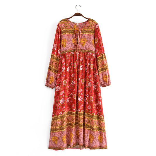 Malbusaat spring long sleeve maxi dress with floral print and bohemian style on hanger