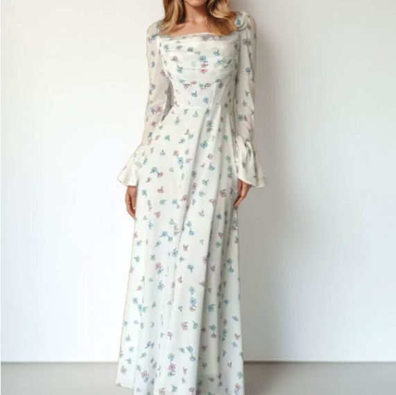 Malbusaat floral pleated flare sleeve dress in white with colourful floral prints for elegant occasions