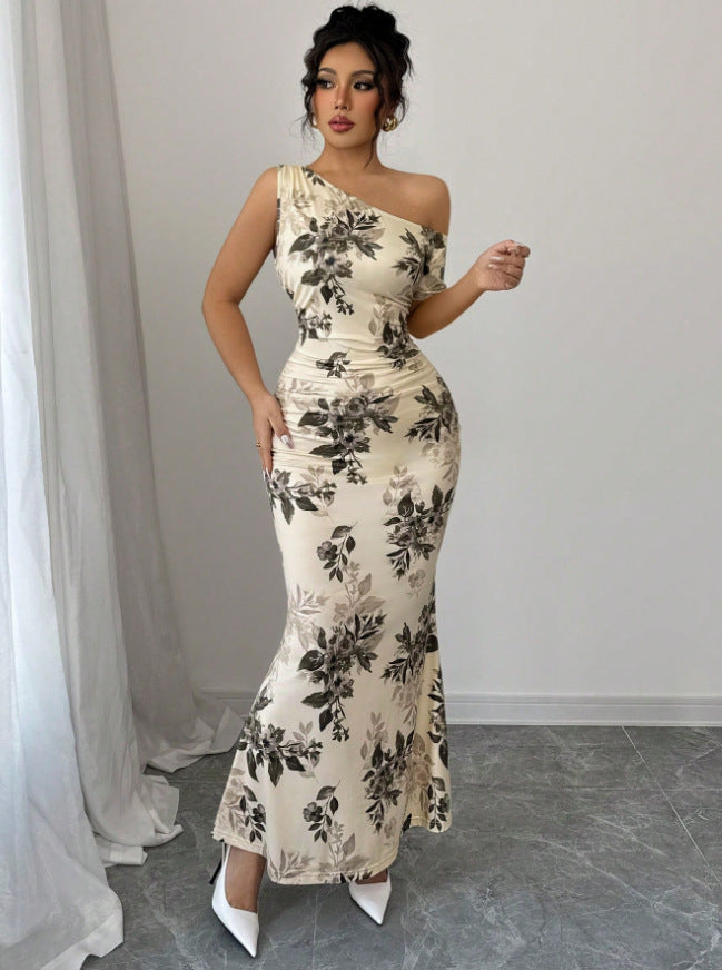 Elegant floral sheath high waist dress in cream with a one-shoulder design, perfect for special occasions