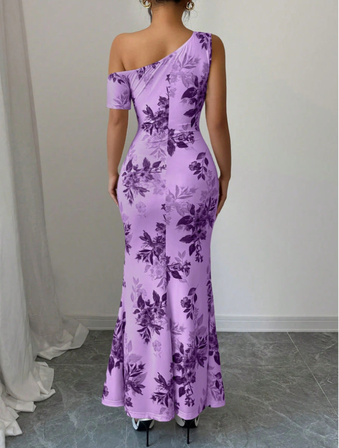 Elegant floral sheath high waist dress in purple with an off-shoulder design and fitted silhouette