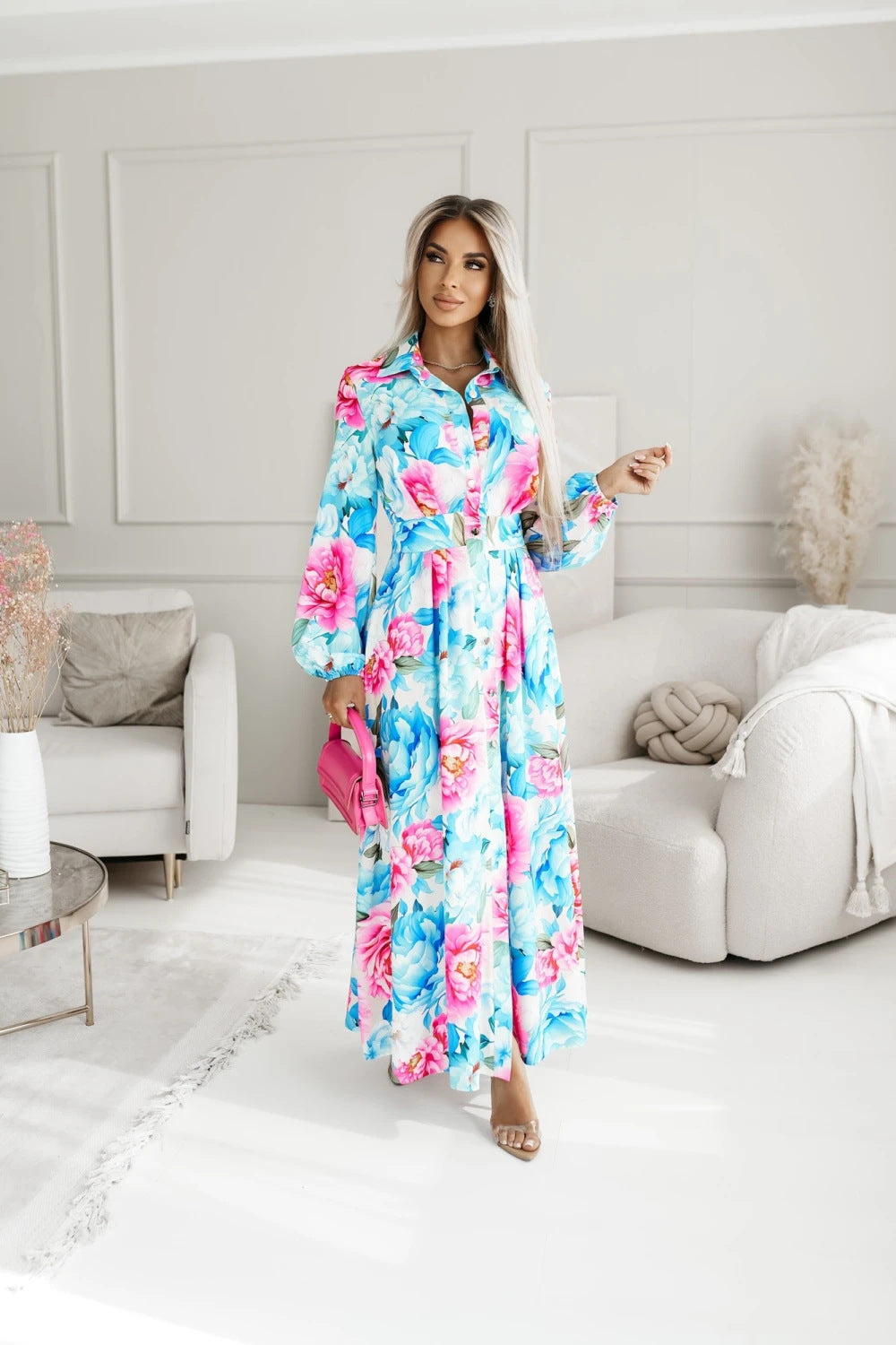 Malbusaat floral slit midi dress with vibrant blue and pink flowers, perfect for summer outings