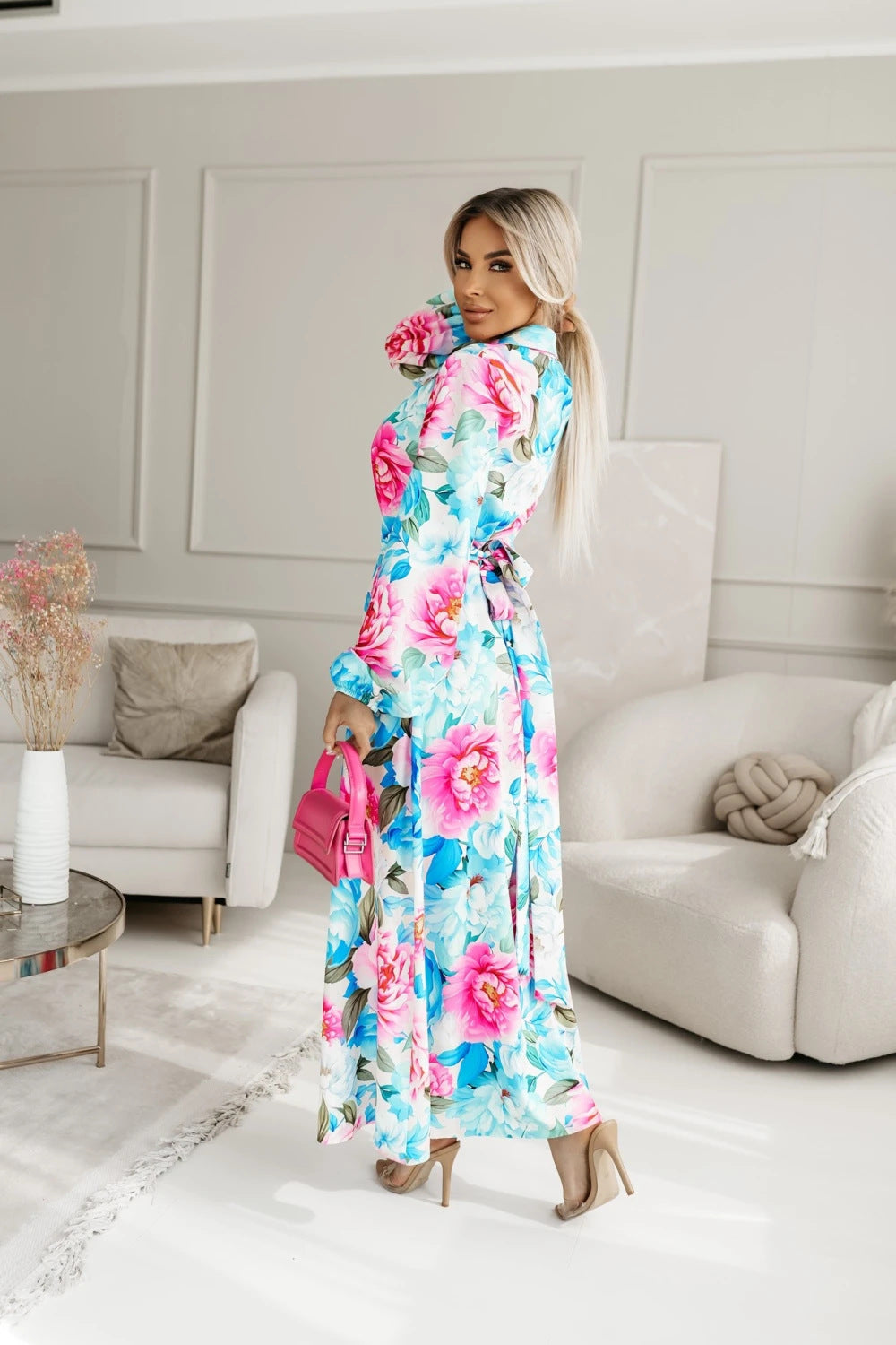 Malbusaat floral slit midi dress in vibrant colours with a stylish design perfect for summer outings