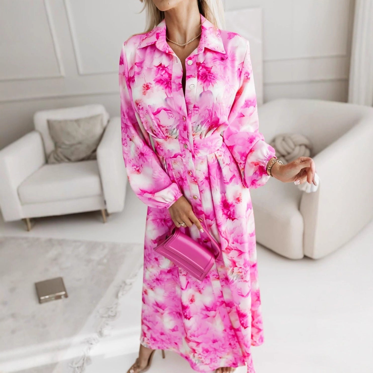 Malbusaat floral slit midi dress in pink with a button-up design and long sleeves