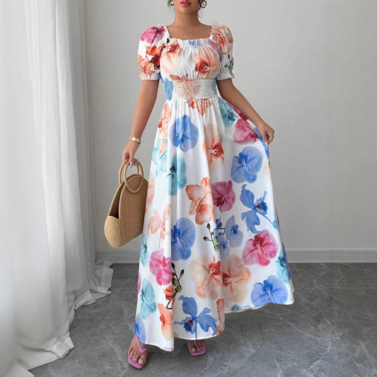 Floral Square Neck Maxi Dress with Puff Sleeves by Malbusaat featuring colourful floral print and smocked waist