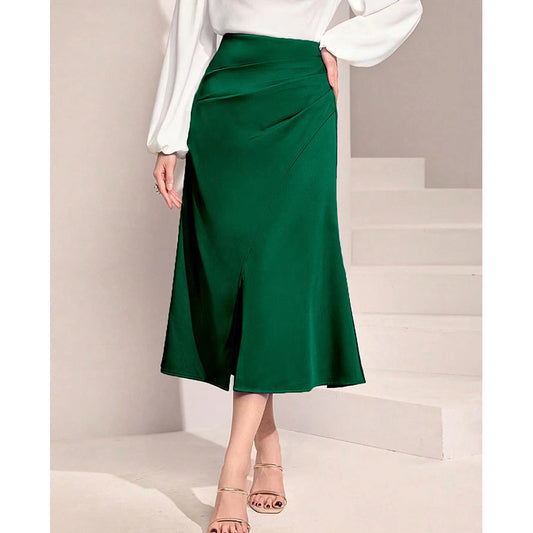 Green high waist satin skirt by Malbusaat with a front slit and elegant draped detail