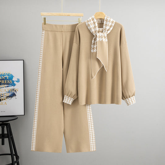 Janero Houndstooth Knit Co Ord Set in Beige with Wide-Leg Trousers and Coordinating Scarf