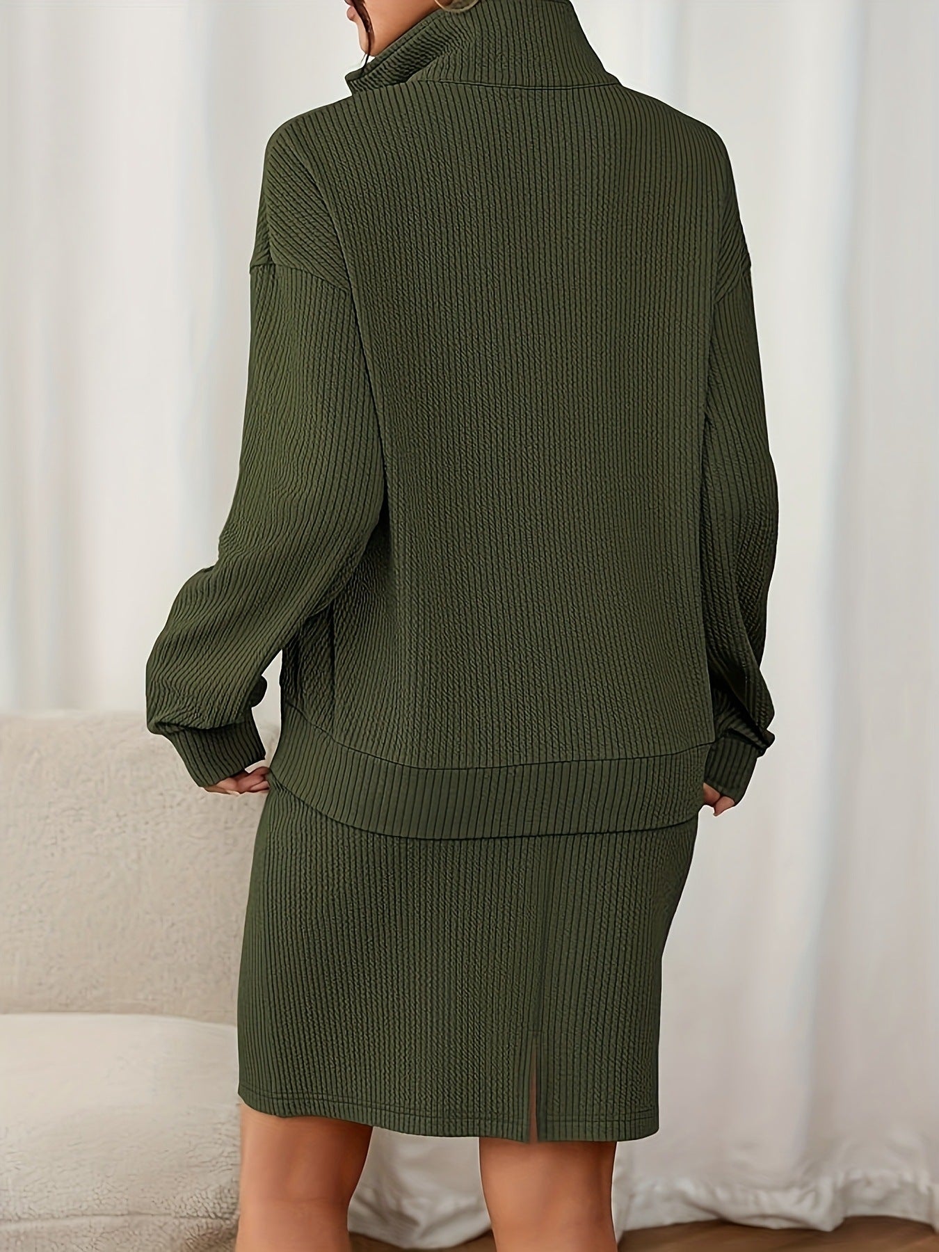 Malbusaat olive green knit two piece set for women featuring a stylish high neck and ribbed texture