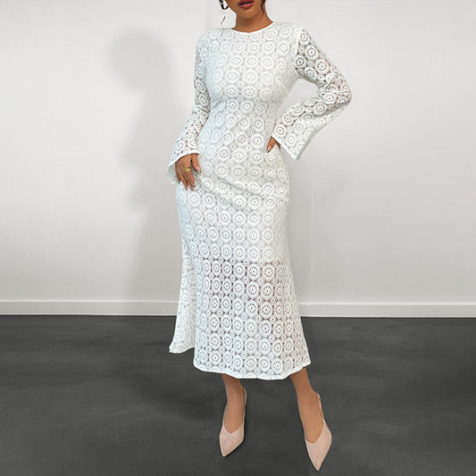 Malbusaat white long sleeve lace fishtail dress midi fitted silhouette with flared hem and nude heels
