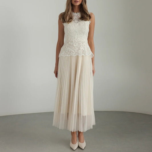 Malbusaat Lace Mesh Embroidered Sleeveless Maxi dress in cream with pleated skirt and floral lace bodice