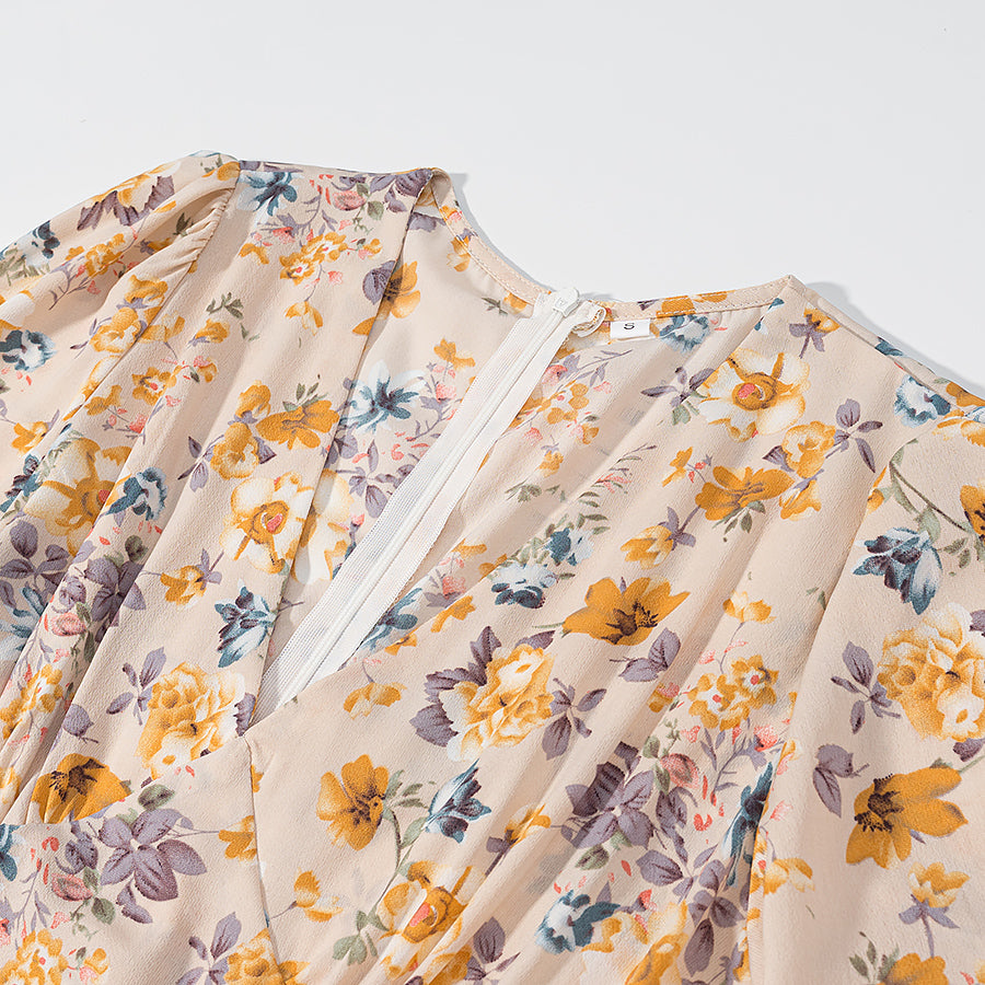 Malbusaat lace up floral pullover dress with vibrant floral pattern and elegant puff sleeves