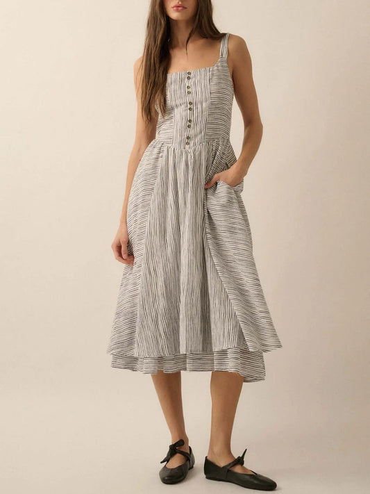 Malbusaat ladies summer striped cotton dress with buttons and pockets, perfect for warm weather