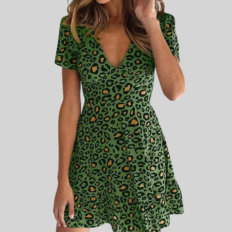 Malbusaat Leopard Print Short V Neck Dress with a Flattering Fit and Short Sleeves