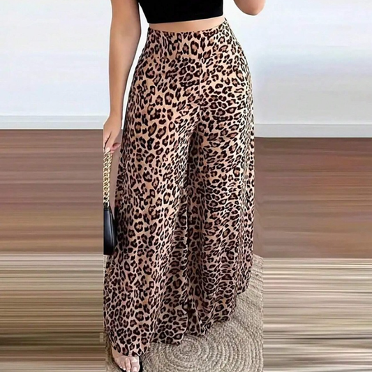 Malbusaat leopard print wide leg trousers high waisted flowy fabric paired with black crop top