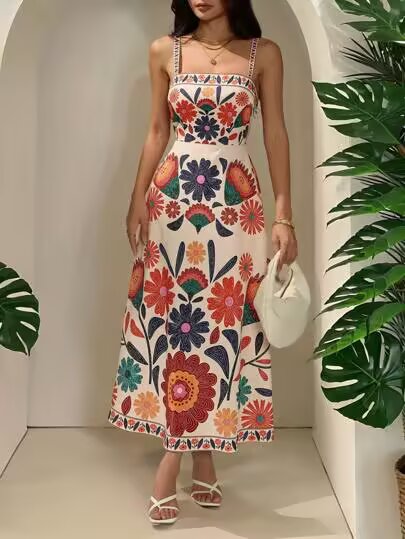 Floral Spaghetti Strap Slim Fit Maxi dress by Malbusaat with vibrant multicoloured flower print