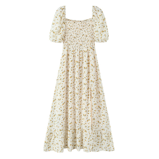 Malbusaat summer floral puff sleeve dress with smocked bodice and A-line silhouette