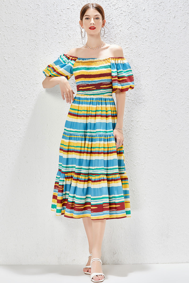 MALBUSAAT elegant A line dress with multicoloured horizontal stripes and puff sleeves