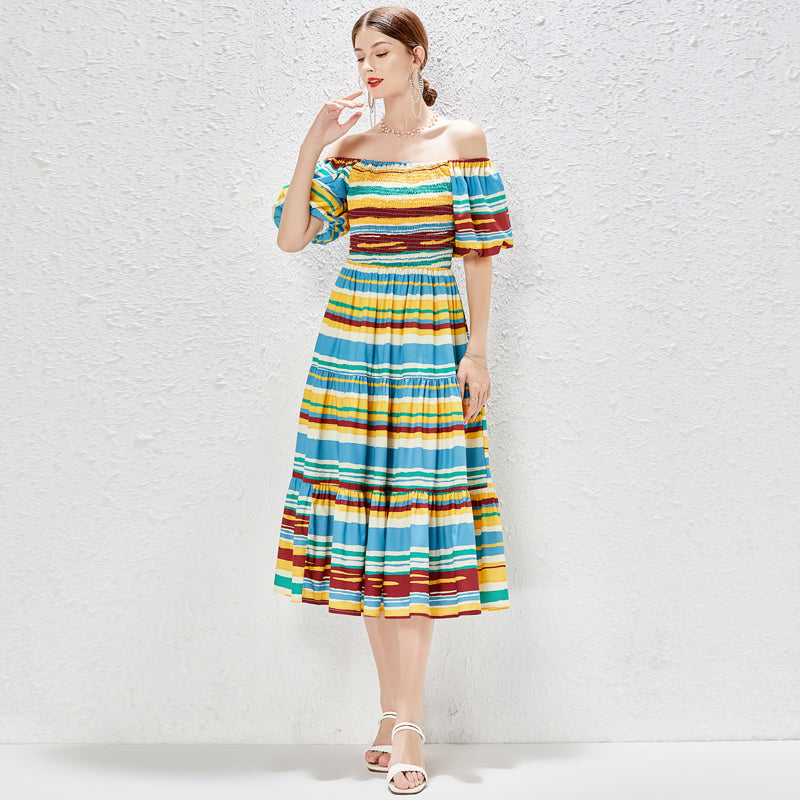 MALBUSAAT elegant A line dress with colourful horizontal stripes and off-shoulder puff sleeves