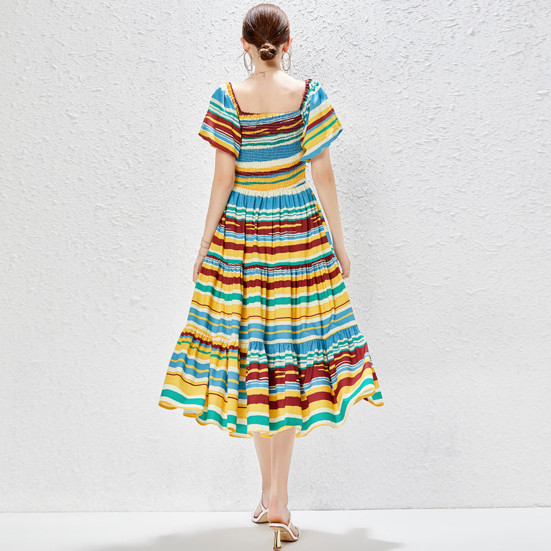 MALBUSAAT striped elegant A line dress with puff sleeves and a square neckline in vibrant colours